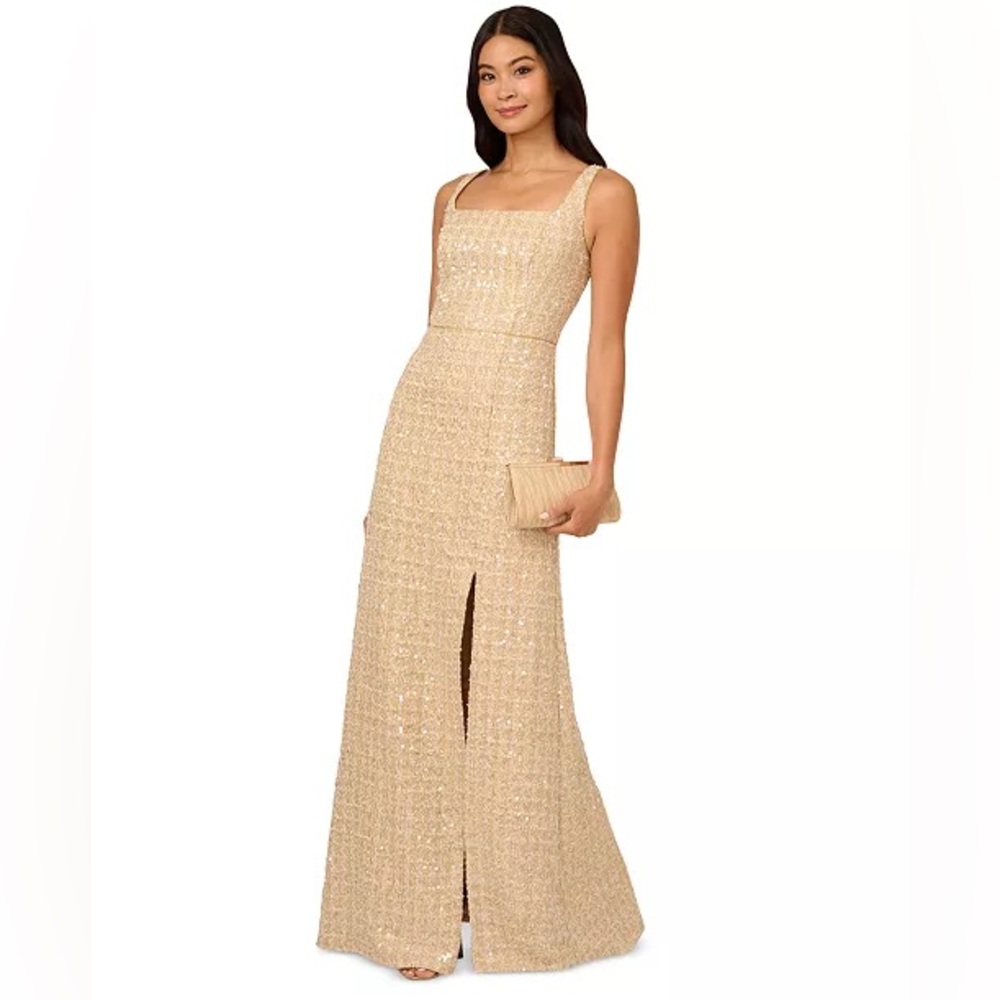 Adrianna Papell Petite Sequin-Bouclé Square-Neck Gown
